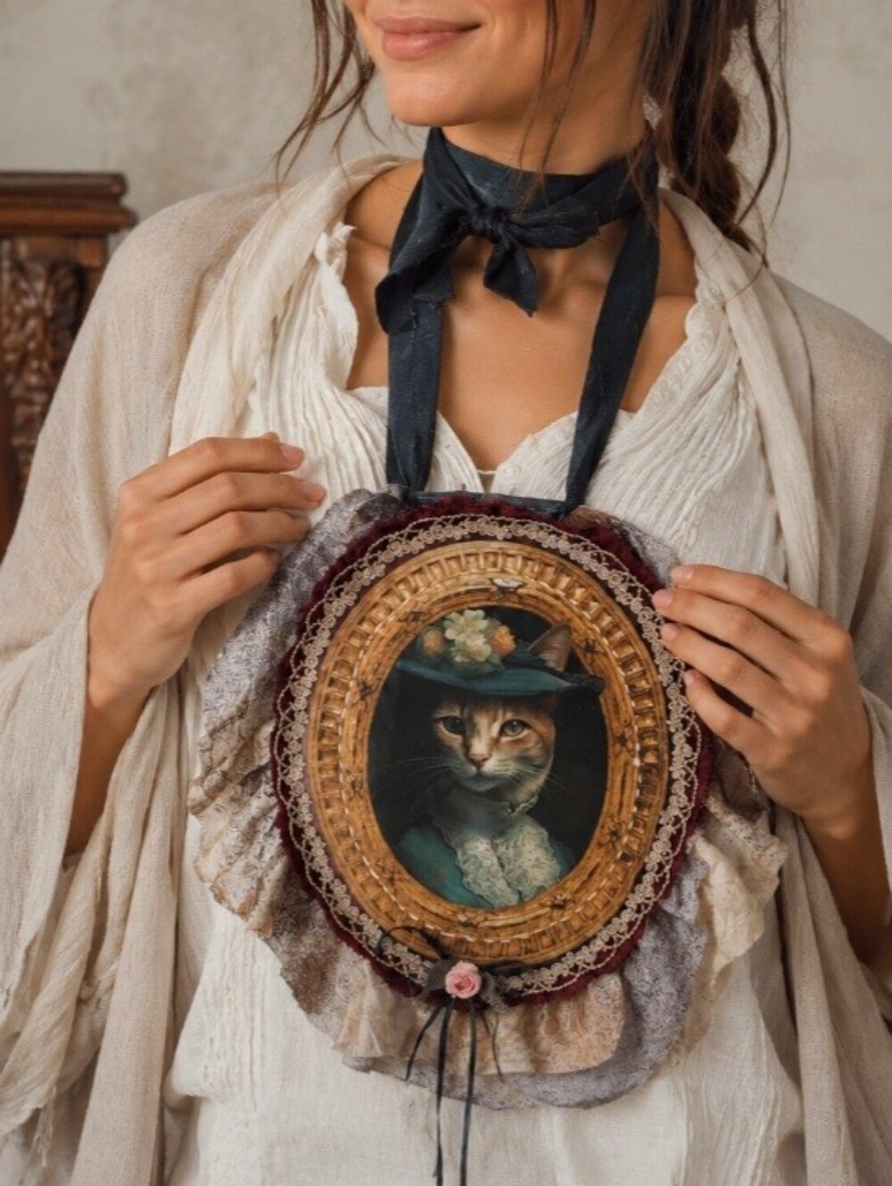 💛 Cat Jabot Bowtie Medallion Necklace Belt Concept Artisan Lace Fabric